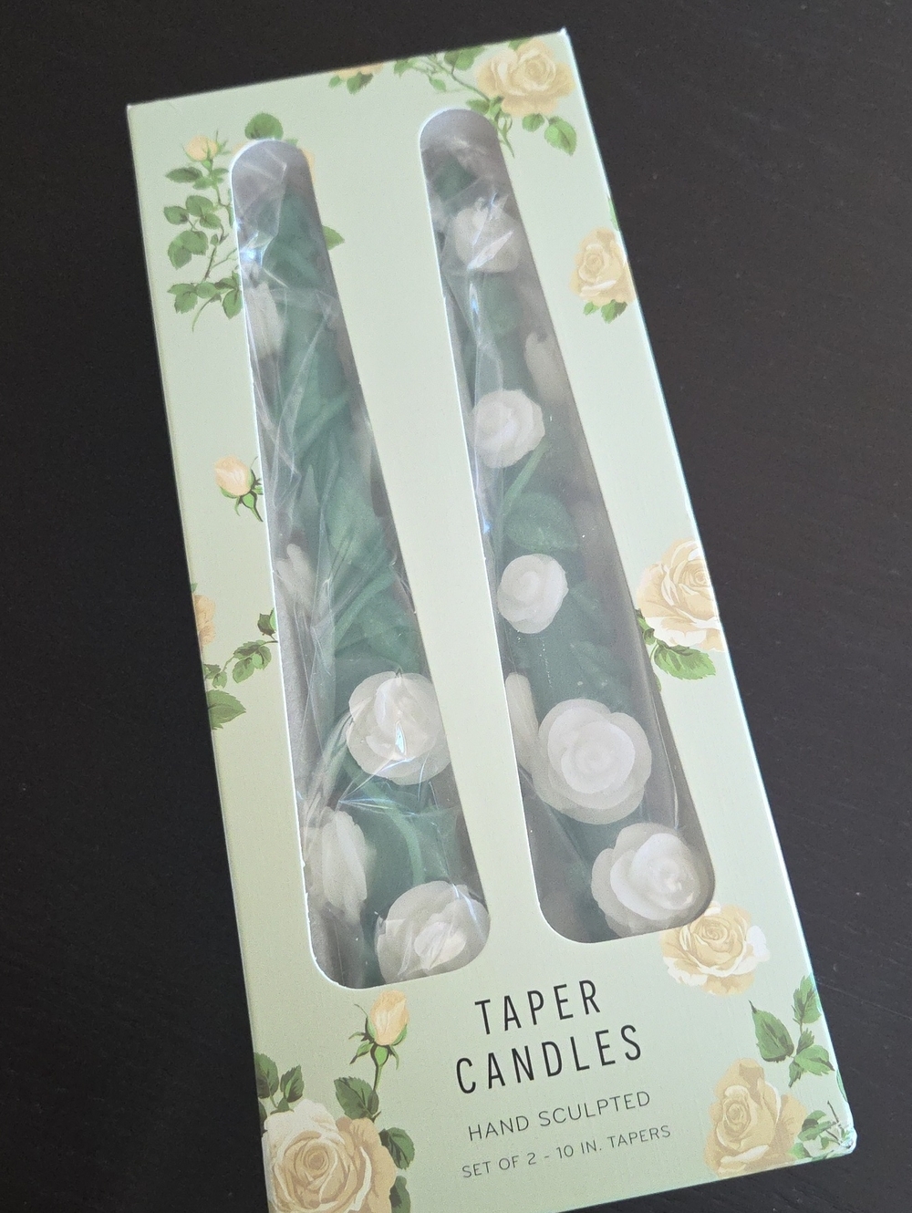 Anthropologie Green Taper Candles with White Rose Accents
